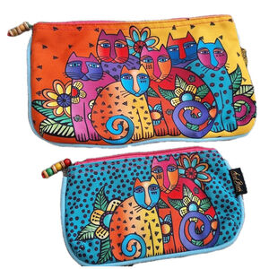 Set Of 2 Laurel Burch Zipper Pouches Makeup Cosmetic Bags Cats Colorful
